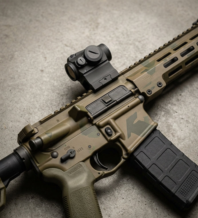 A split-screen product image showing two firearms: on the left, a tactical rifle with a tan and green camouflage pattern and a black optic, and on the right, a semi-automatic pistol with a brown grip and black slide optic, both displayed on stone surfaces against neutral backgrounds.
